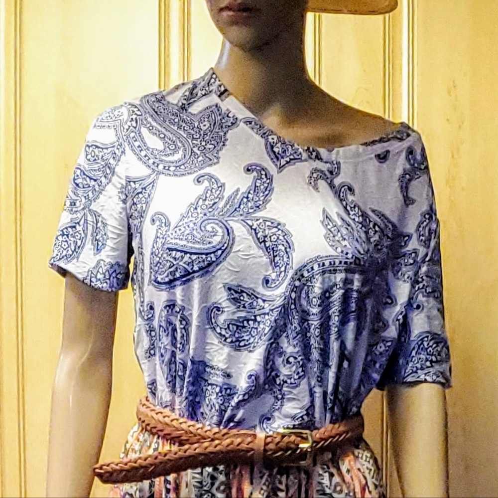 Paisley Blue and White Embroidered Tee